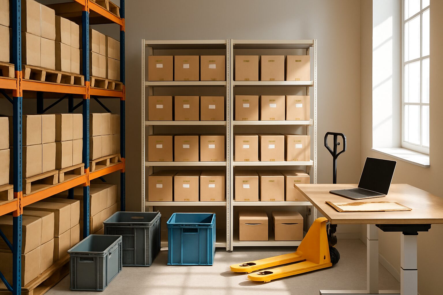 Entrepôt et bureau avec transpalette
