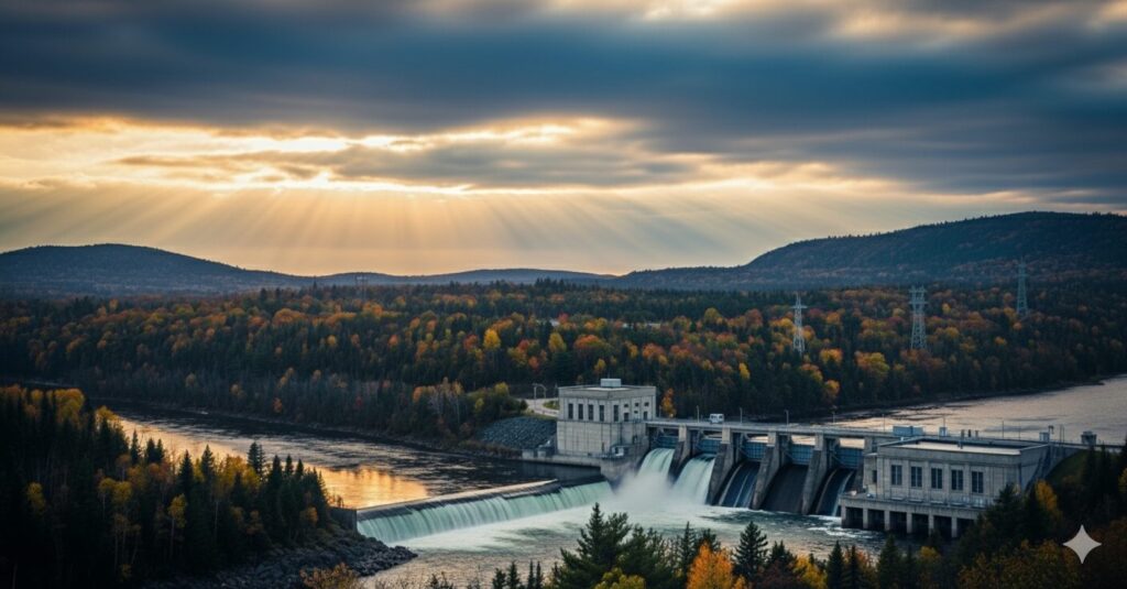 Barrage hydroélectrique Québec transition énergétique technologies propres automne coucher de soleil