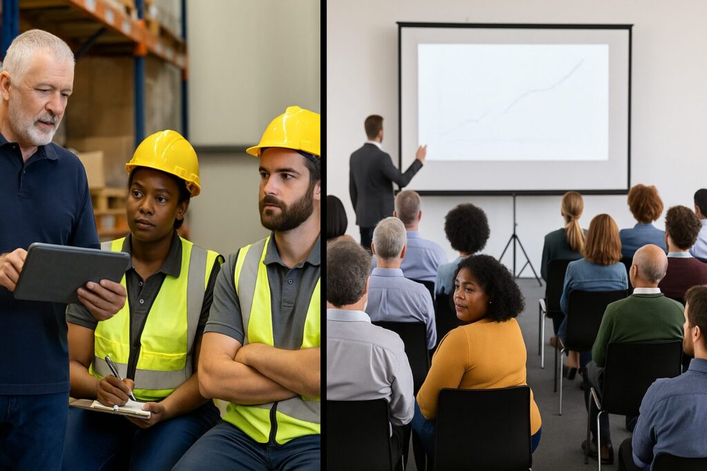 Une image coupée en deux qui représente la formation en atelier et la formation en grande entreprise
